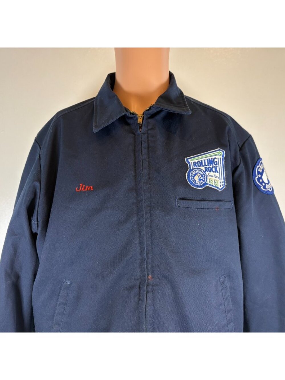 Vintage Rolling Rock Beer Work Jacket Mens Size 42 L Blue Thinsulate Made In USA